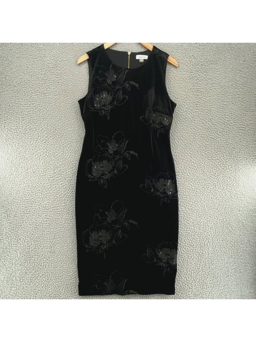 Calvin Klein Dress Womens 6 Black Velveteen Bodycon Embroidered Sequin Cocktail